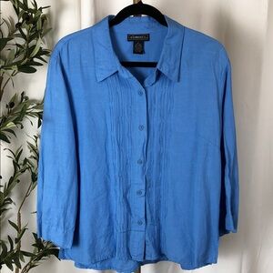 Elementz Linen Blend Blue Pintuck Button-Down 3/4 Length Sleeves Sz XL (V1)